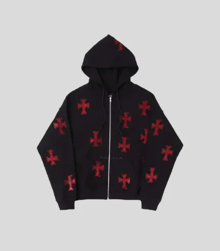 Unknown Black x Red Rhinestone Cross Zip Hoodie